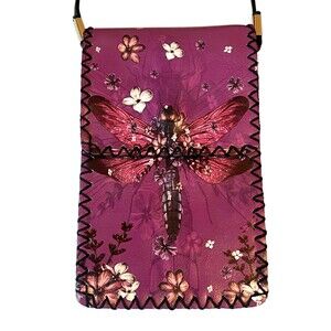 Vegan Dragonfly Purple Crossbody Cellphone Bag Hand-Stitched Floral Vibrant Boho
